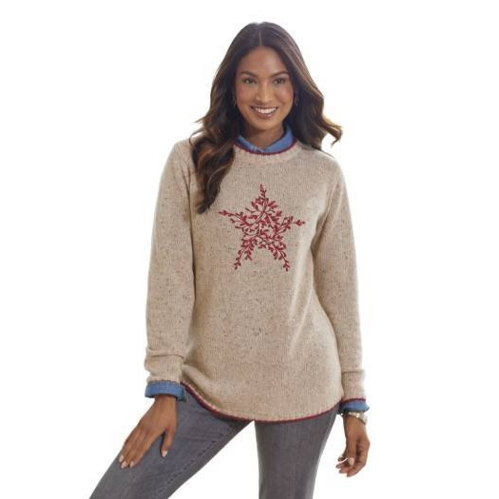 NorthStyle Womens Neutral Knit Sweater Medium Red Berry‎ Star Embroidery Cozy